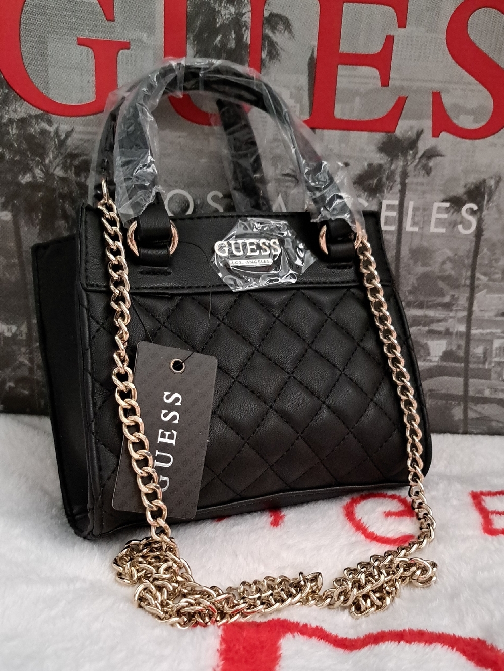 GUESS Black Quilted Satchel with Gold Chain Strap Small